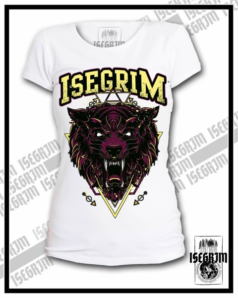 ISEGRIM Damen / Girlie- T-Shirt weiß, Wolf im Fantasiestyle